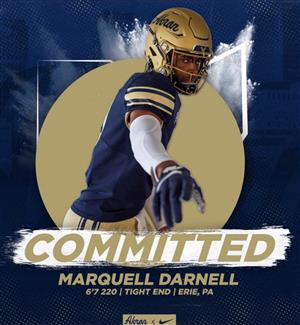 Photo of Marquell Darnell in University of Akron football uniform. Text reads Committed. Marquell Darnell.